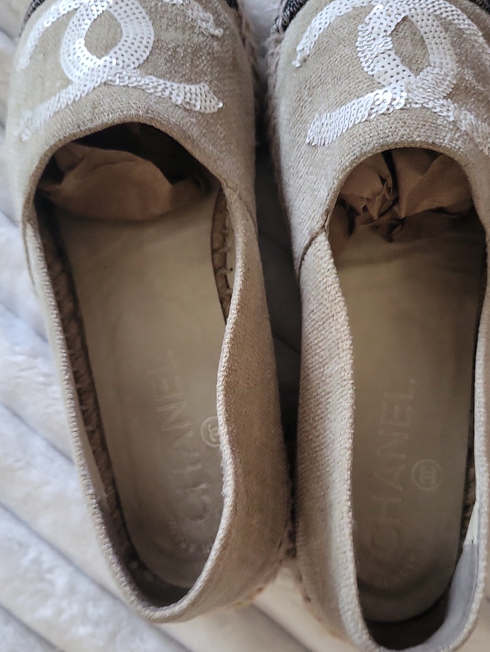 Chanel Authentic canvas espadrilles white sequin CC logo Shoes - Picture 6 of 15